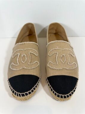 Chanel Canvas CC Logo Espadrilles - Beige & Black Cap Toe - Size 41 Us 11